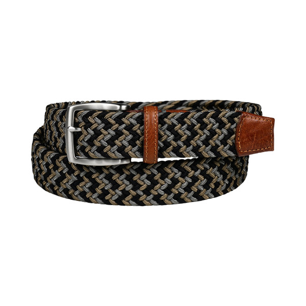 Italian Woven Rayon Stretch with Taurus Tabs Casual Belt in Black and Gold Multi