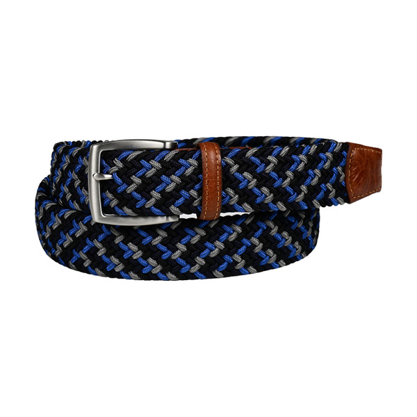 Italian Woven Rayon Stretch with Taurus Tabs Casual Belt in Black and Blue Multi Italian Woven Rayon Stretch with Taurus Tabs Casual Belt in Black and Blue Multi
