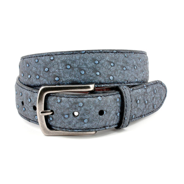 Genuine South African Ostrich Skin Belt in Vintage Antique Denim