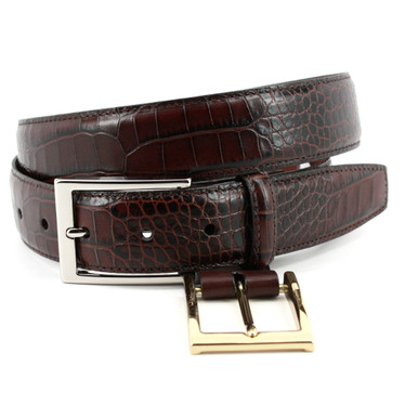 Alligator Embossed Calfskin Belt with 4pc Buckle Set in Cognac Brown b –  Logan's of Lexington