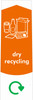 PC115DR - A narrow sticker with the white outline of a box, paper, bottle, jar and can situated on orange background, featuring the recycling logo and dry recycling text