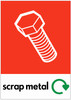 PCA4SM - Large, A4 sticker with white outline of a bolt on red background, featuring recycling logo and scrap metal text