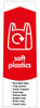 PC115SP - Narrow sticker with white outline of a carrier bag situated on red background, featuring soft plastics text with a list of acceptable packaging and recycling logo