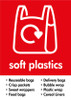 PCA4SP - Large, A4 sticker with white outline a carrier bag situated on red background, featuring soft plastics text and a list of acceptable packaging