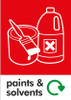 PCA4PS - Large, A4 sticker with white outline of paint can and bottle on red background, featuring recycling logo and paints & solvents text