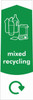 PC115MR - Narrow sticker with the white outline of newspaper, box and bottles on green background, featuring recycling logo and mixed recycling text