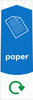 PC115P - Narrow sticker with the white outline of a sheet of paper on blue background, featuring recycling logo and paper text