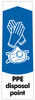 PC115PPED - Narrow sticker with the white outline of gloves & face mask on a blue background, featuring ppe disposal point text