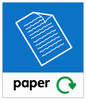 PC85P - A small square sticker with white outline of a paper document situated on blue background and featuring recycling logo and paper text