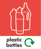 PC85PB - A small square sticker with white outline of three bottles situated on red background and featuring recycling logo and plastic bottles text