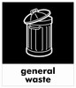 PC85GW - A small square sticker with the white outline of a dustbin on black background, featuring general waste text