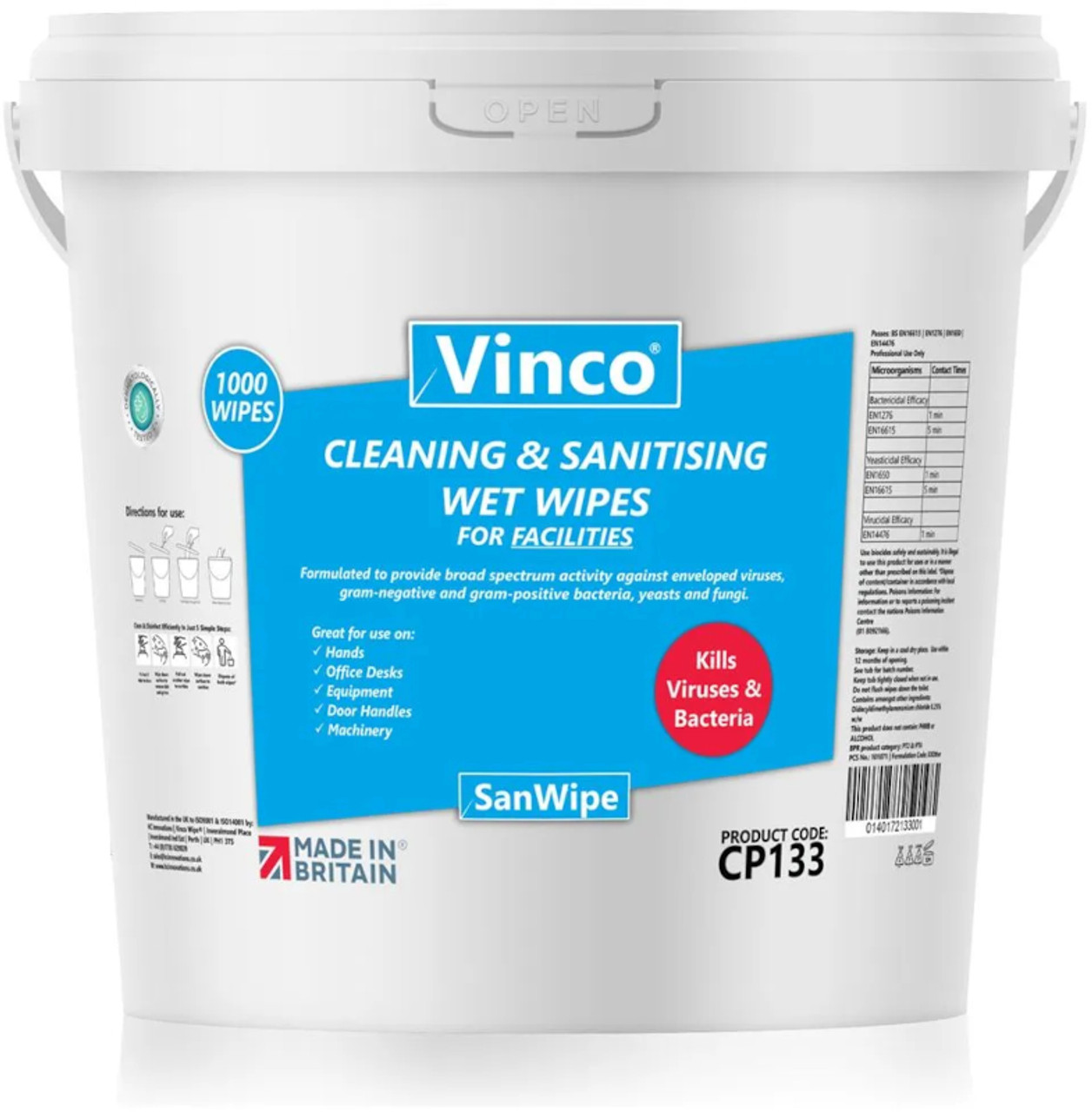 Vinco-SanWipe Facilities Sanitising Wipe - 1000 Wipes - CP133