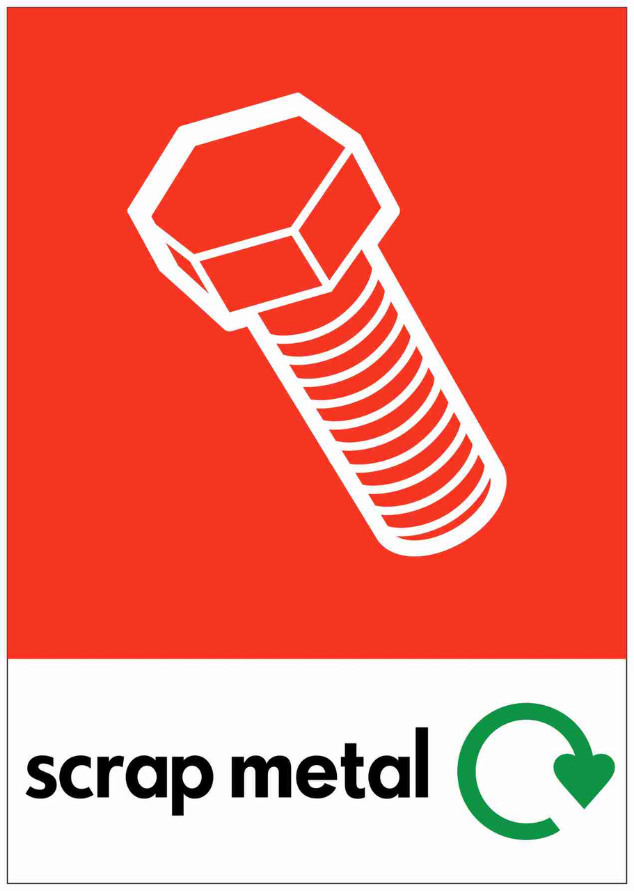 PCA4SM - Large, A4 sticker with white outline of a bolt on red background, featuring recycling logo and scrap metal text