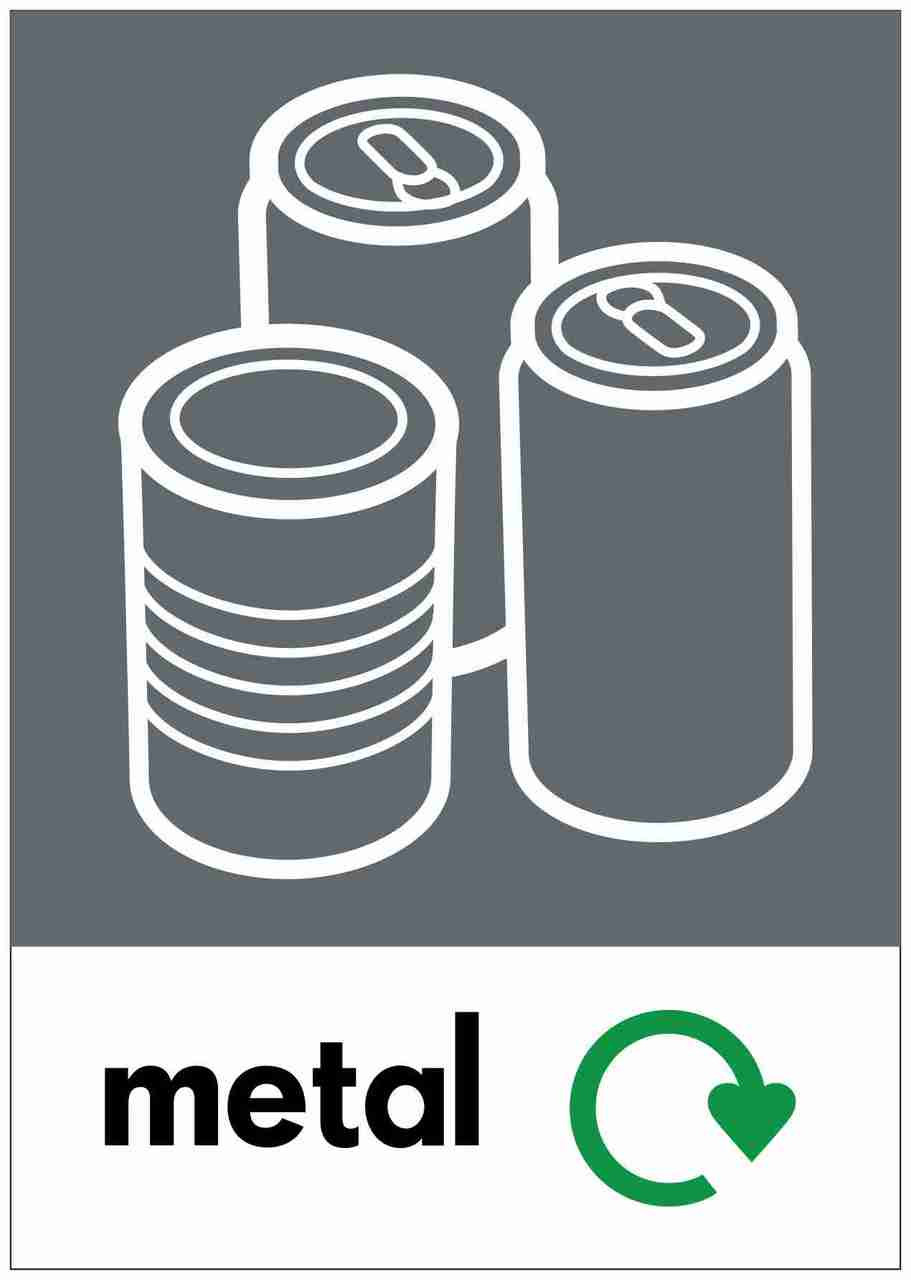 PCA4M - Large, A4 sticker with white outline of cans and tins on grey background, featuring recycling logo and metal text