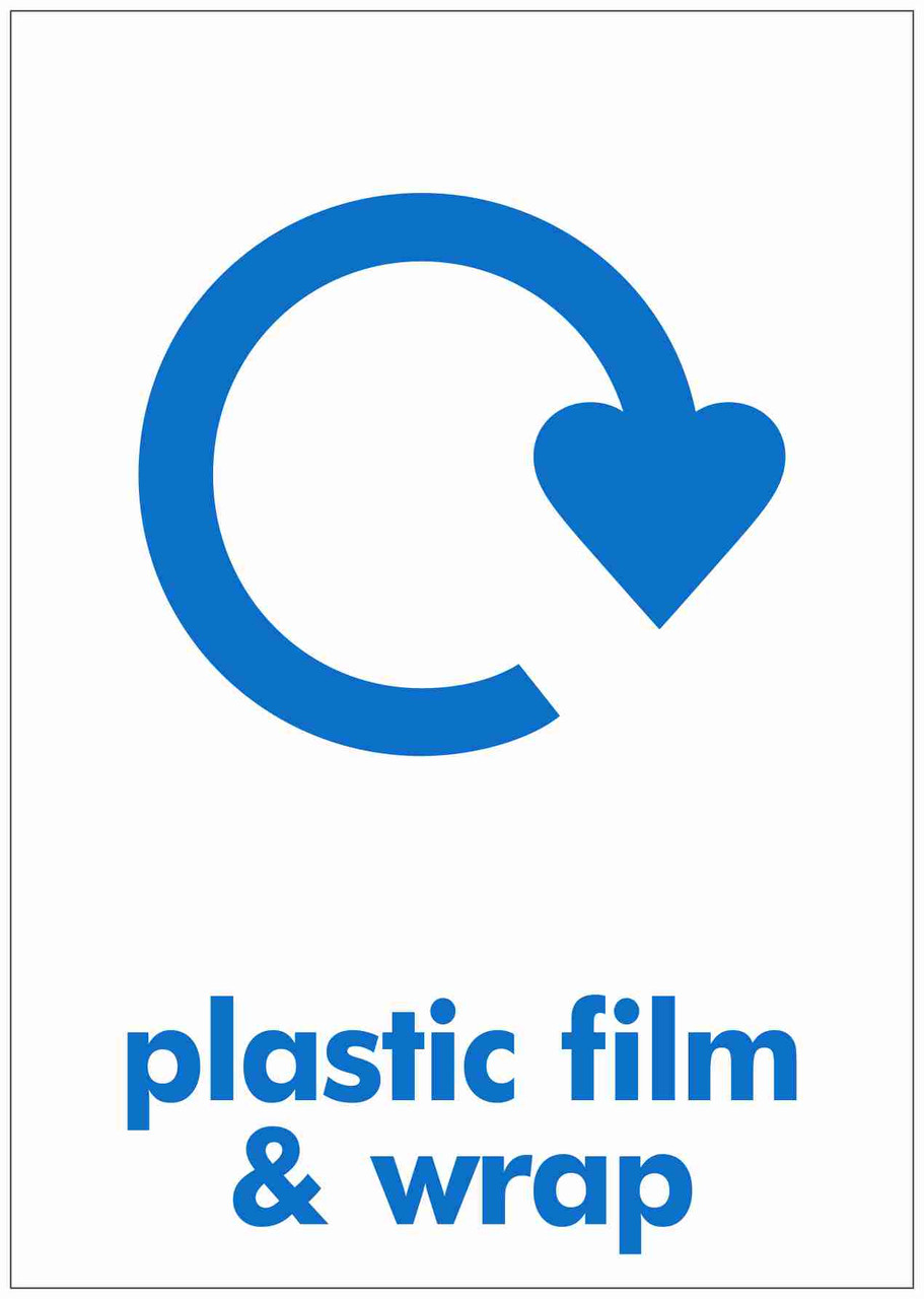 PCA4PF - Large, A4 sticker with blue recycling logo on a white background, featuring plastic film & wrap text