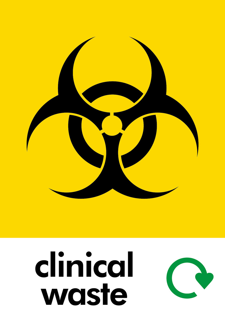 PCA4MCW - Large, A4 sticker with black biohazard symbol on yellow background, featuring recycling logo and clinical waste text