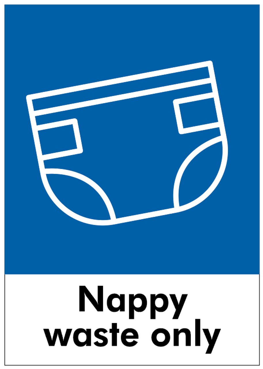 PCA4NB - Large, A4 sticker with white outline of a nappy on blue background, featuring nappy waste only text