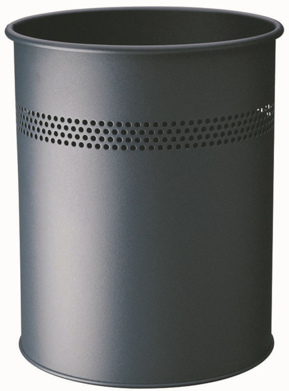 Durable Round Metal Waste Basket with Perforated Ring - 15 Ltr - Charcoal - 330058