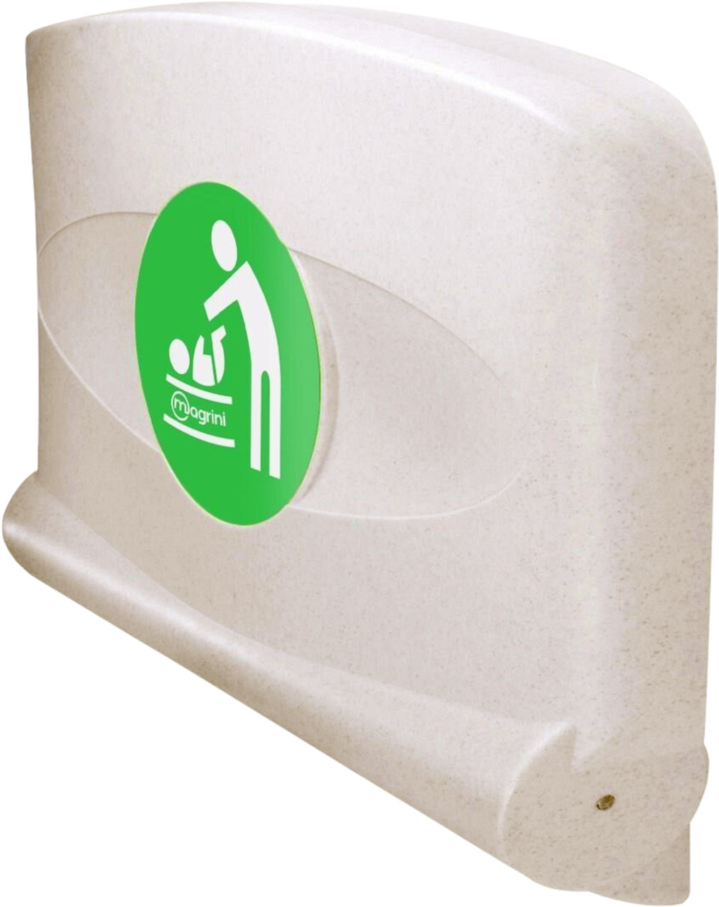 MH42OAT - An oatmeal coloured polyethylene changing unit that is in its folded position and displays a sticker featuring baby changing iconography