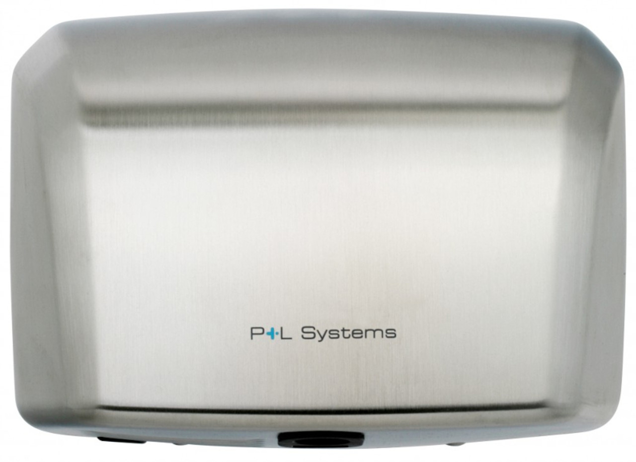 DP1000S - A brushed steel hand dryer that is rectangular in shape and features P+L branding on its frontage