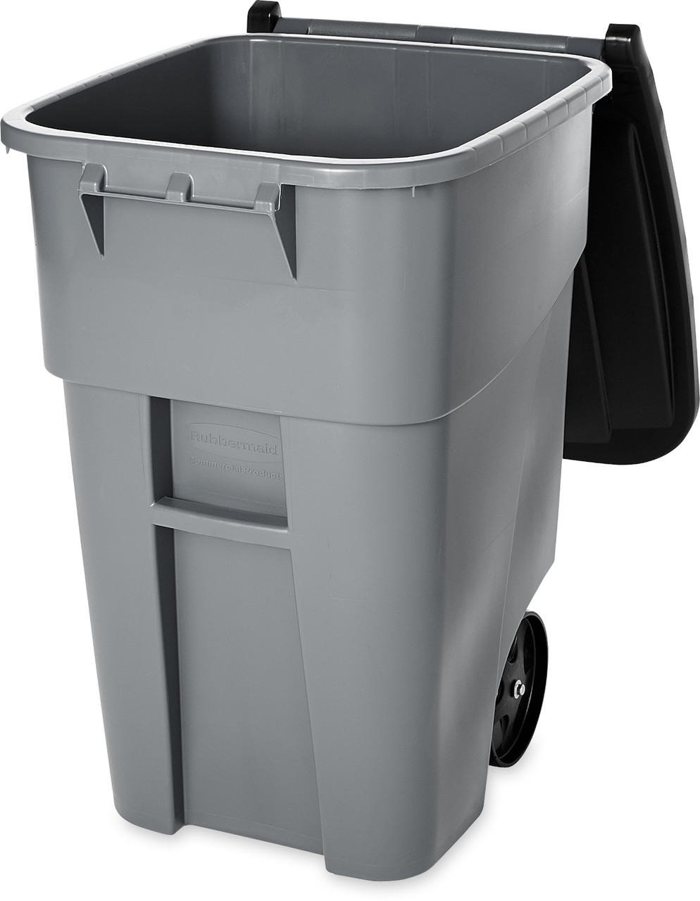 FG9W2700GRAY - Grey Rubbermaid BRUTE Rollout Container with lid open