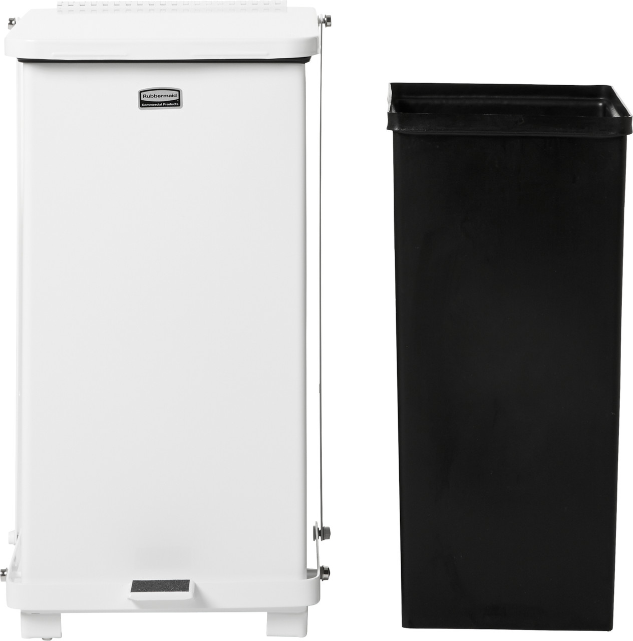 FGST12EPLWH - Rubbermaid Defender Pedal Bin body with plastic liner placed next to it