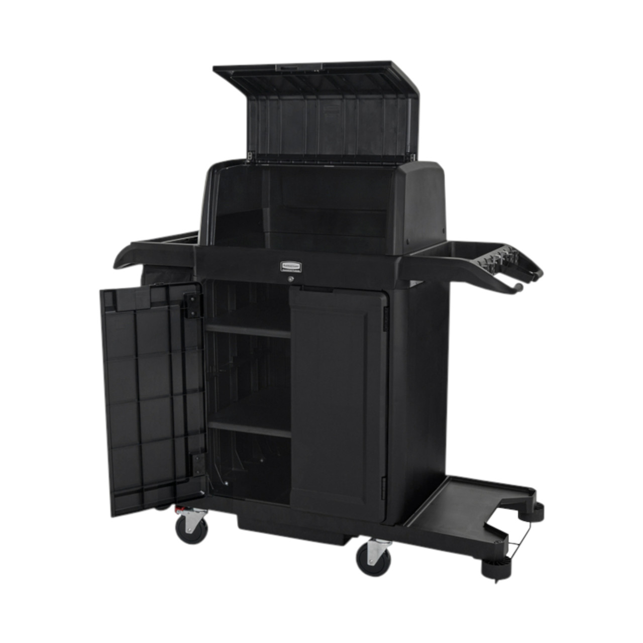 Rubbermaid Locking Door Kit fitted to a housekeeping cart with open security hood and doors open.