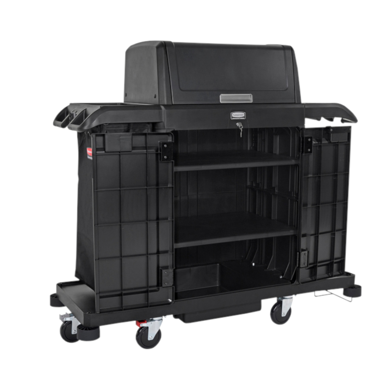 Rubbermaid Locking Door Kit fitted to a housekeeping cart with security hood and doors open.
