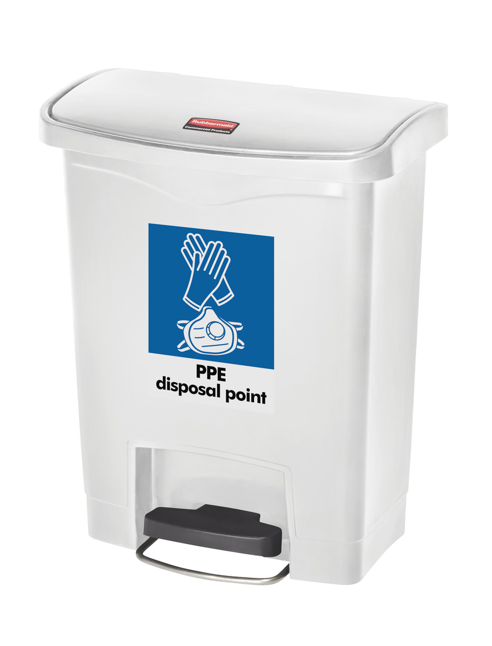 Rubbermaid Slim Jim Front Step Pedal Bin with A4 PPE Waste Sticker - 30 Ltr - White - BU1883555PPE