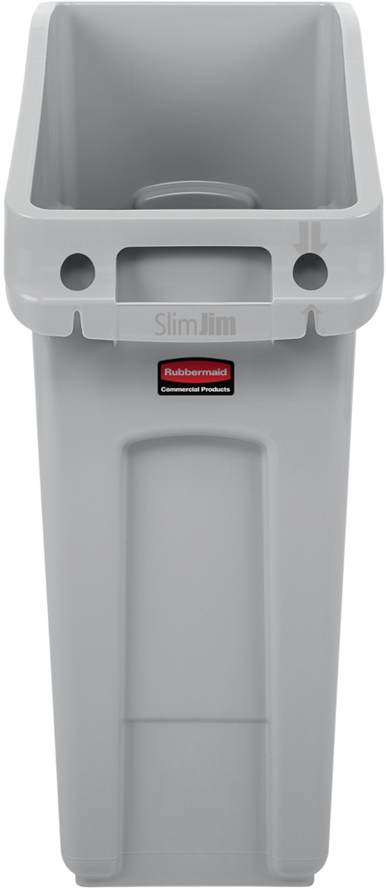 2026695 - Front of container showing moulded rim handle, bag cinches and Rubbermaid branding situated just below