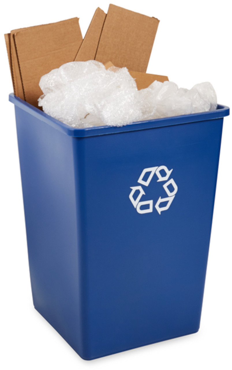 FG395873BLUE - Rubbermaid Untouchable Square Recycling Container - 132.5 Ltr - Blue - Filled with waste