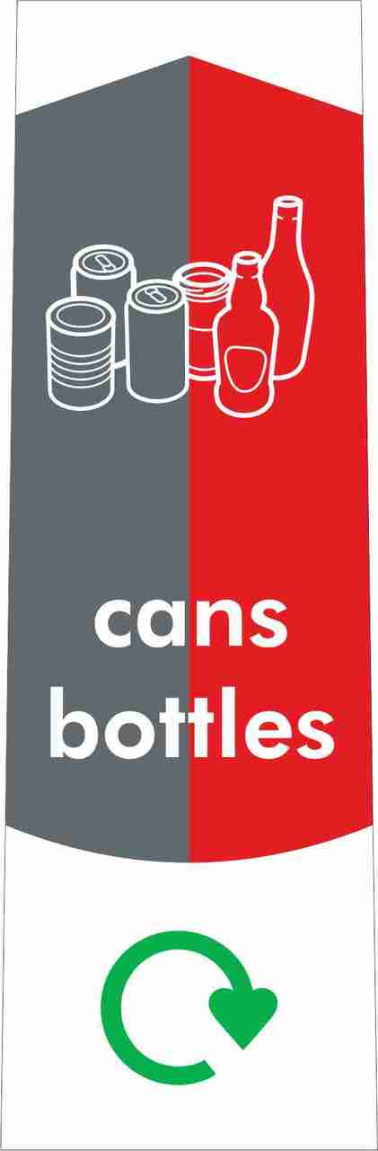 PC115C - A narrow sticker with the white outline of cans & bottles situated on grey and red background, featuring the recycling logo and cans bottles text