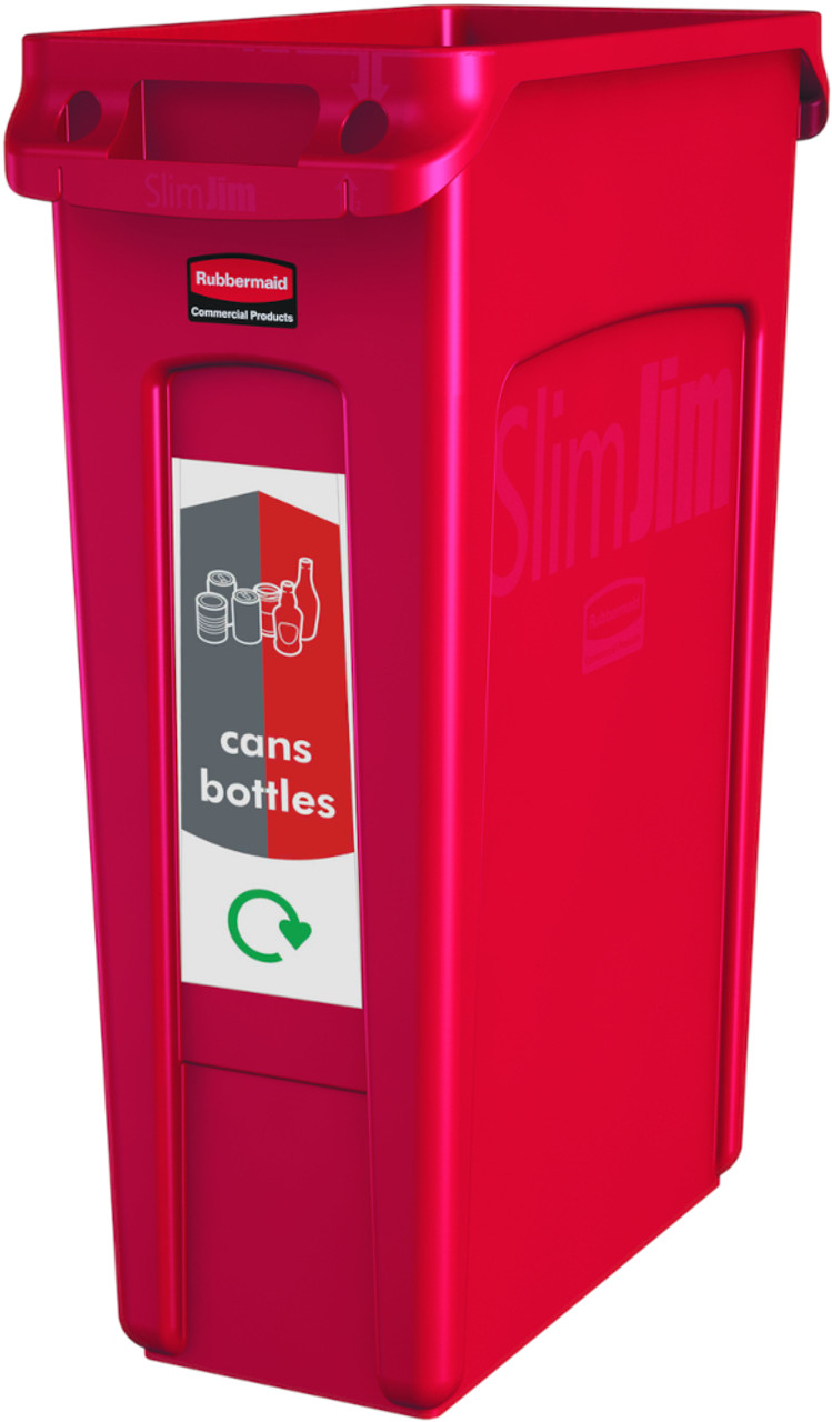 PC115C - A narrow cans & bottles sticker attached to the front of a red Slim Jim bin