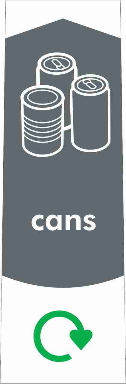 PC115MC - Narrow sticker with the white outline of tins & cans on grey background, featuring recycling logo cans text