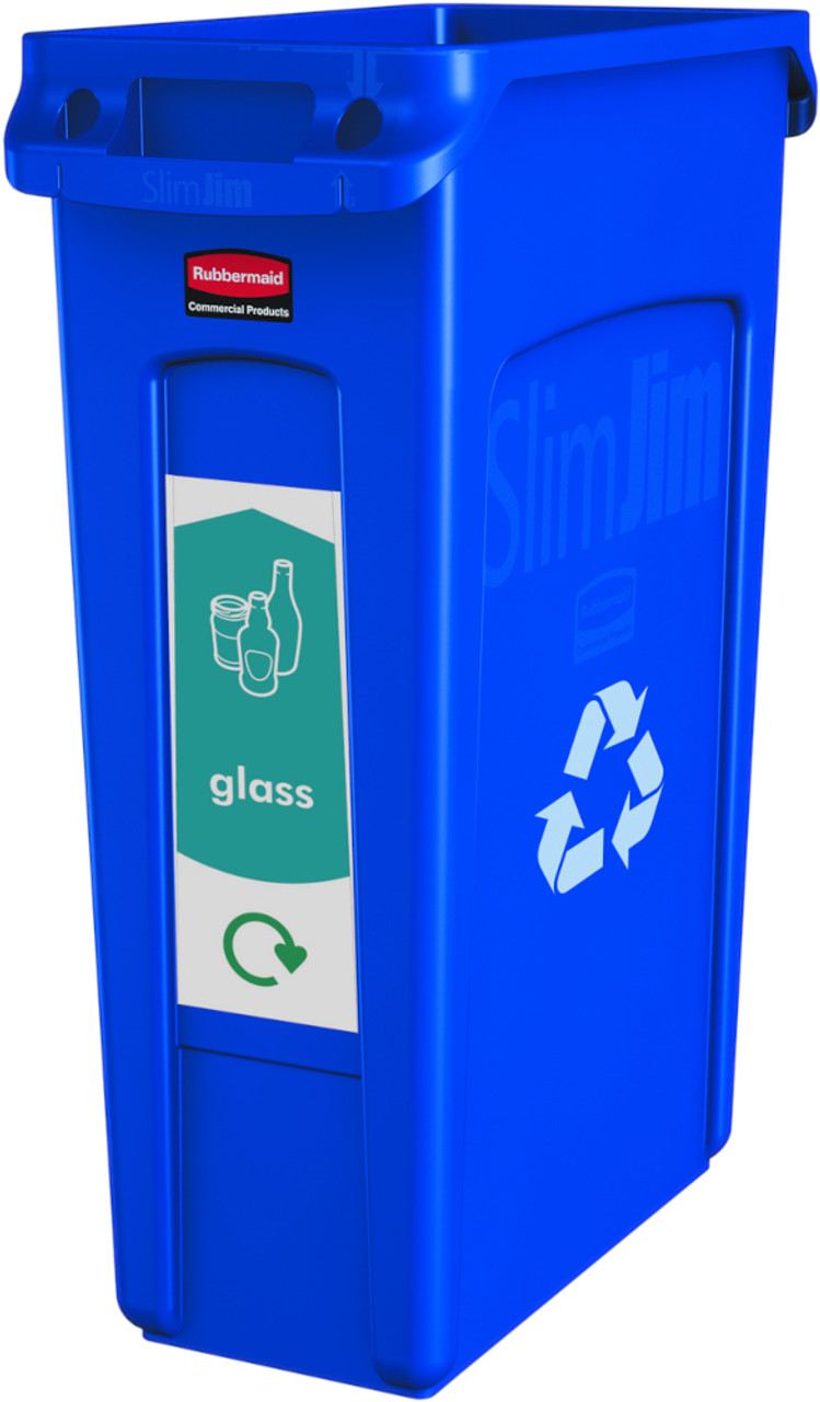 PC115G - Narrow Glass recycling sticker attached to the front of a blue Slim Jim bin