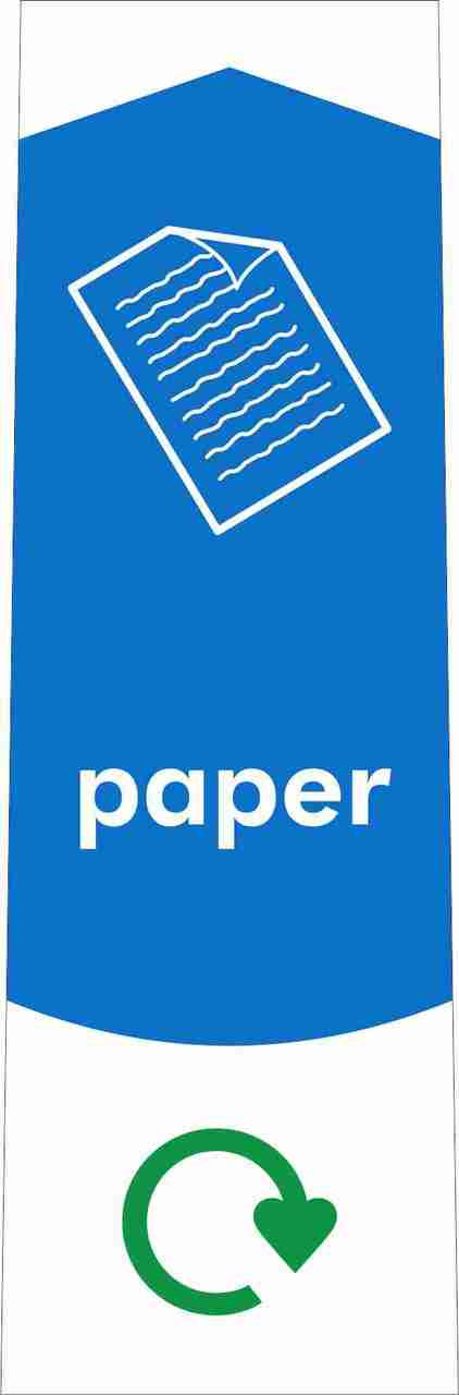 PC115P - Narrow sticker with the white outline of a sheet of paper on blue background, featuring recycling logo and paper text