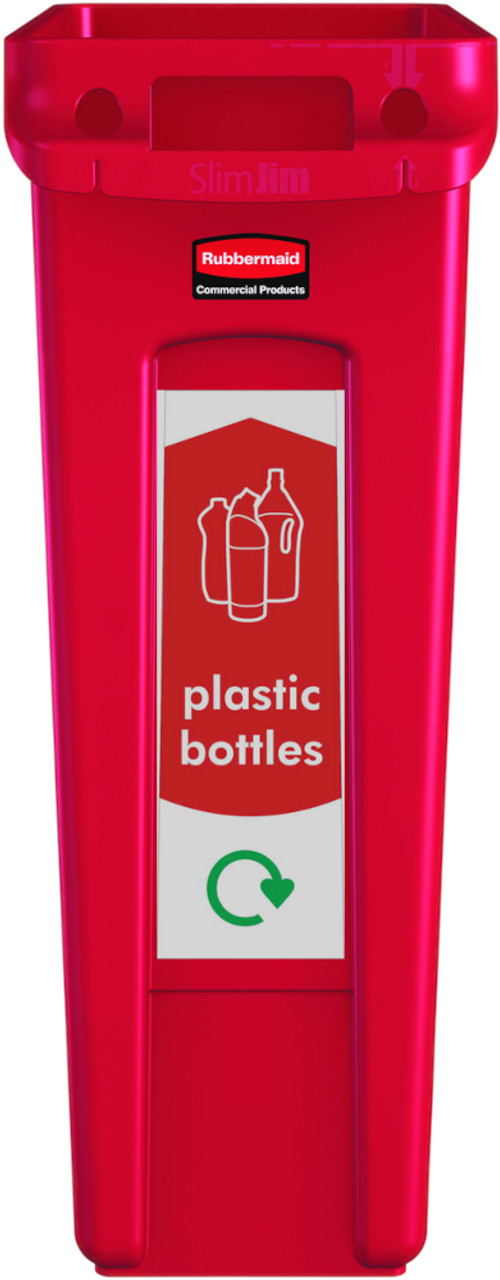 PC115PB - Narrow Plastic Bottles recycling sticker attached to the front of a red Slim Jim bin