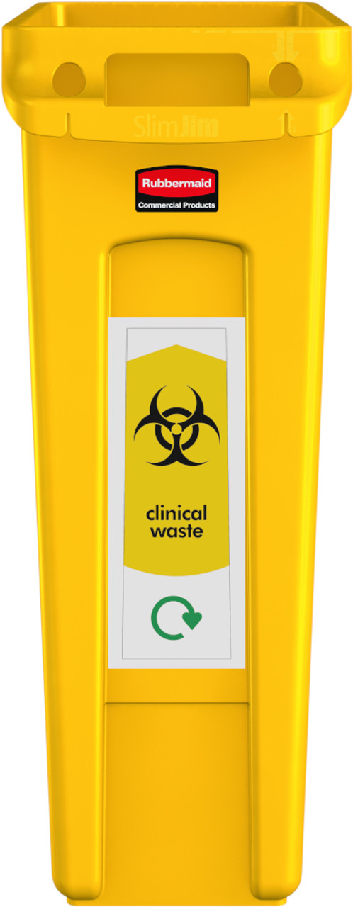 PC115MCW - Narrow Clinical Waste sticker attached to front of a yellow Slim Jim bin