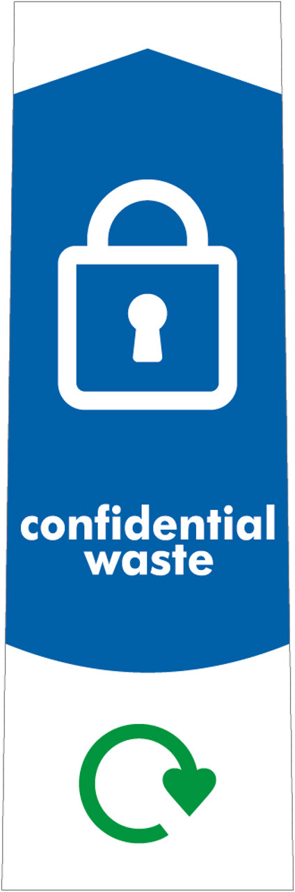 PC115CW - Narrow sticker with the white outline of a padlock on blue background, featuring recycling logo and confidential waste text