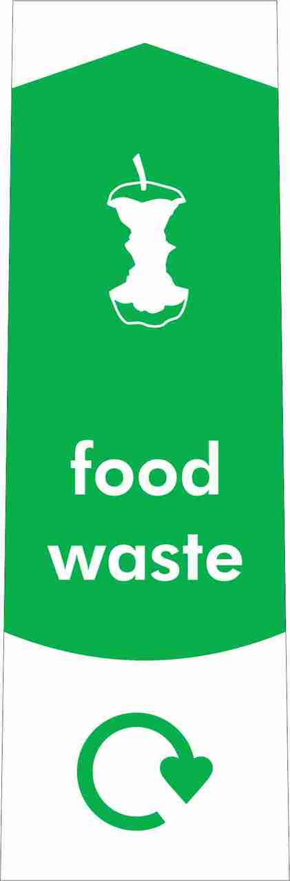 PC115FW - Narrow sticker with the white outline of apple core on green background, featuring recycling logo and food waste text