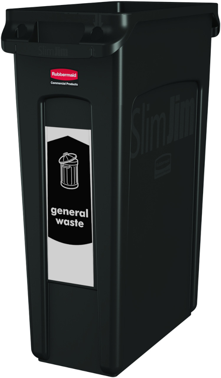 PC115GW - Narrow General Waste sticker attached to the front of a black Slim Jim bin