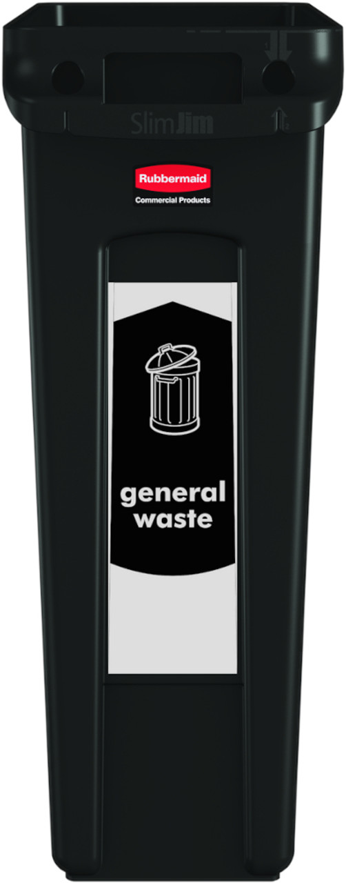 PC115GW - Narrow General Waste sticker attached to the front of a black Slim Jim bin
