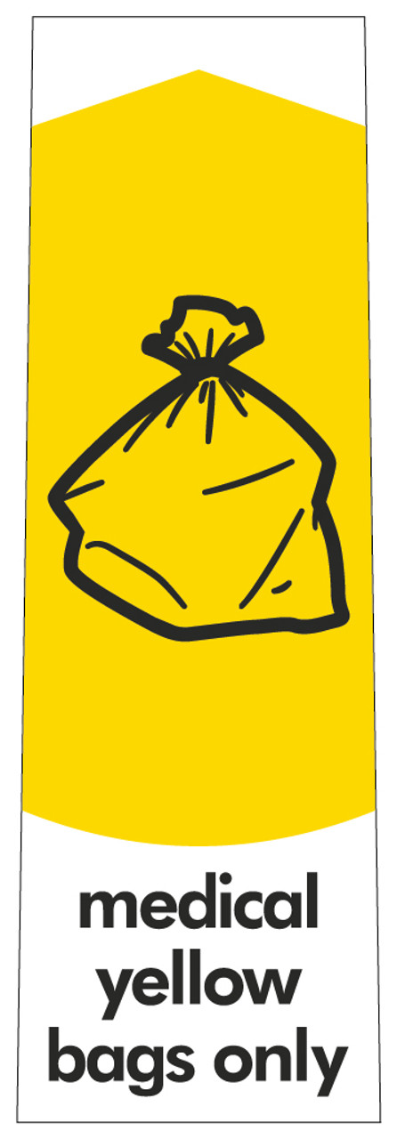 PC115MYB - Narrow sticker with the black outline of a refuse sack on a yellow background, featuring medical yellow bags only text