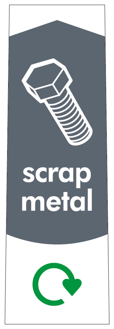 PC115SM - Narrow sticker with the white outline of a bolt on a grey background, featuring recycling logo and scrap metal text