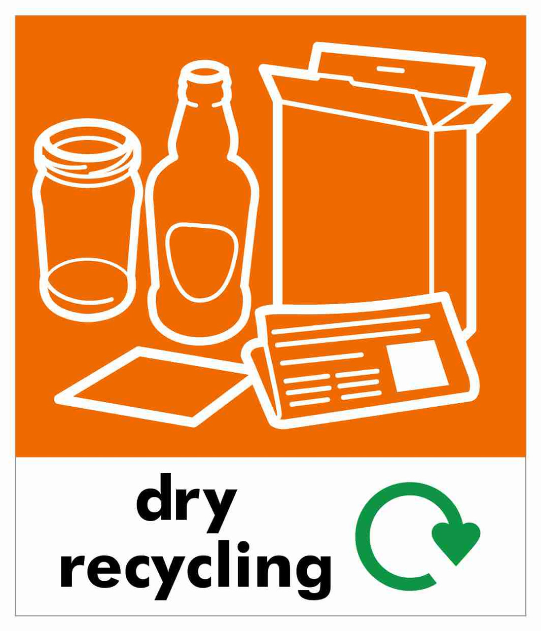 PC85DR - A small square sticker with the white outline of paper, bottles, cans and cardboard situated on orange background and featuring recycling logo and dry recycling text