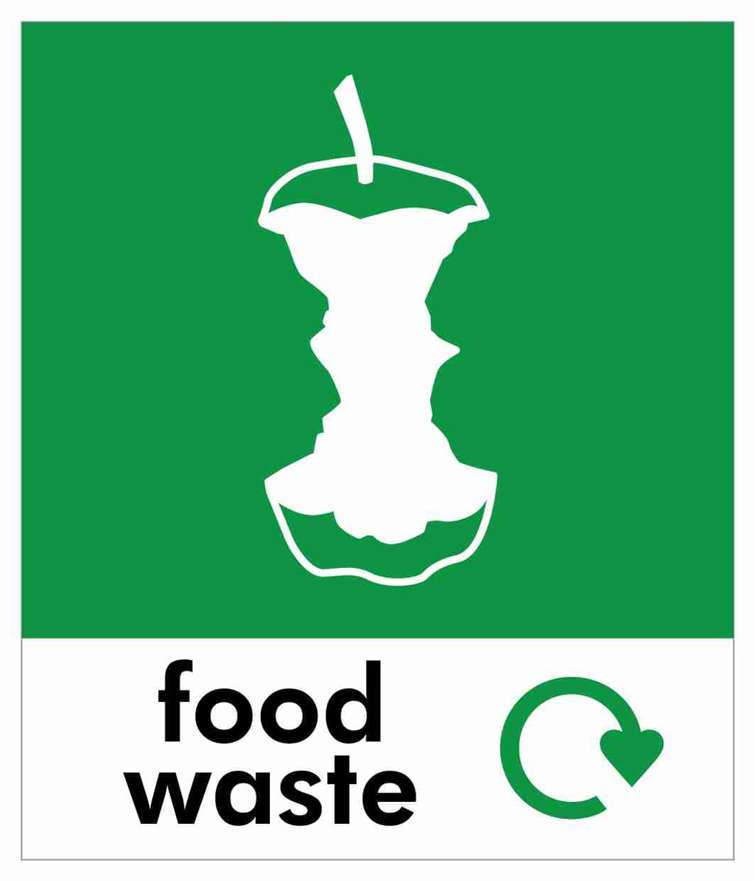 PC85FW - A small square sticker with the white outline of an apple core on green background and featuring the recycling logo and food waste text