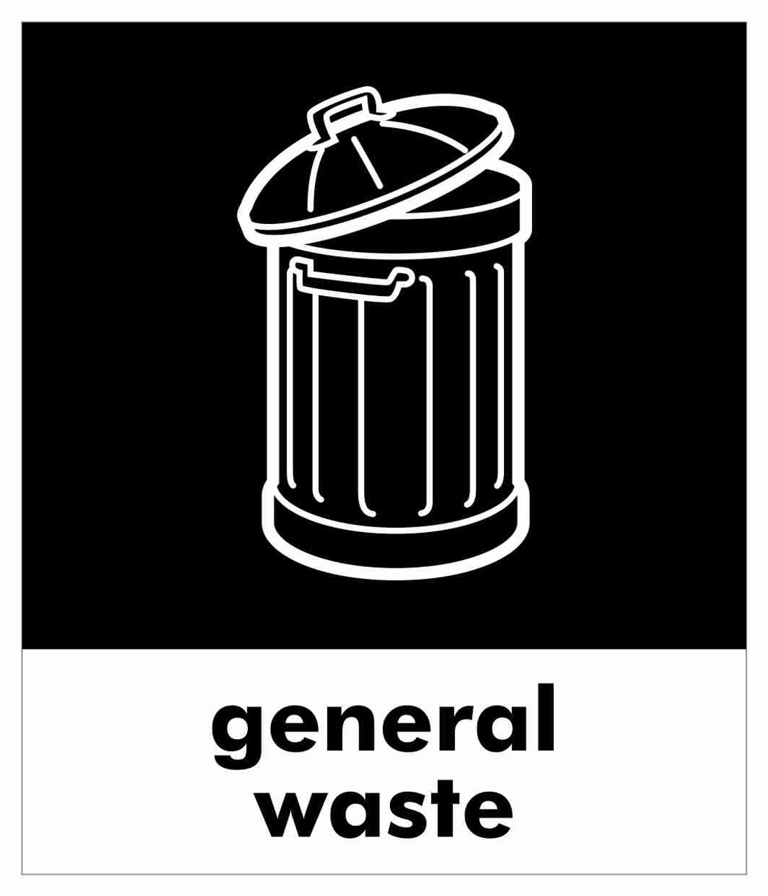 PC85GW - A small square sticker with the white outline of a dustbin on black background, featuring general waste text