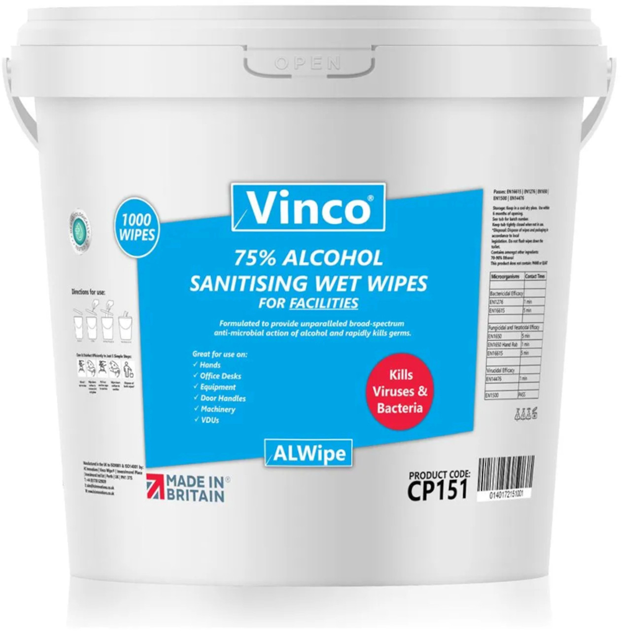 Vinco-ALWipe Alcohol Facilities Wipe - 1000 Wipes - CP151