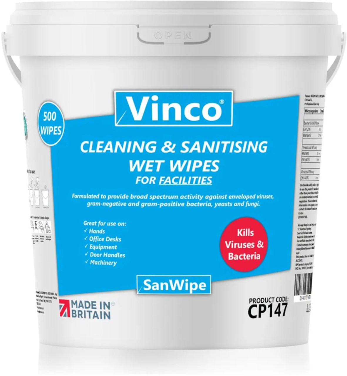 Vinco-SanWipe Facilities Sanitising Wipe - 500 Wipes - CP147