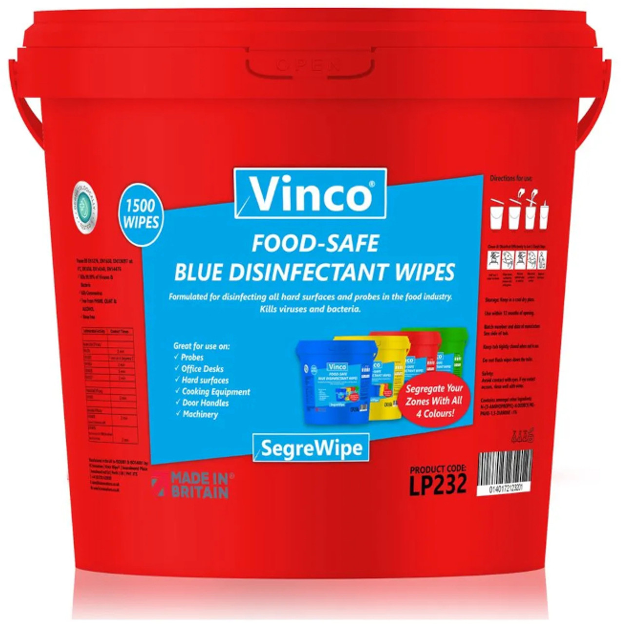 Vinco-SegreWipe Food-Safe Disinfectant Wet Wipe - 1500 Wipes - Red Bucket - LP232